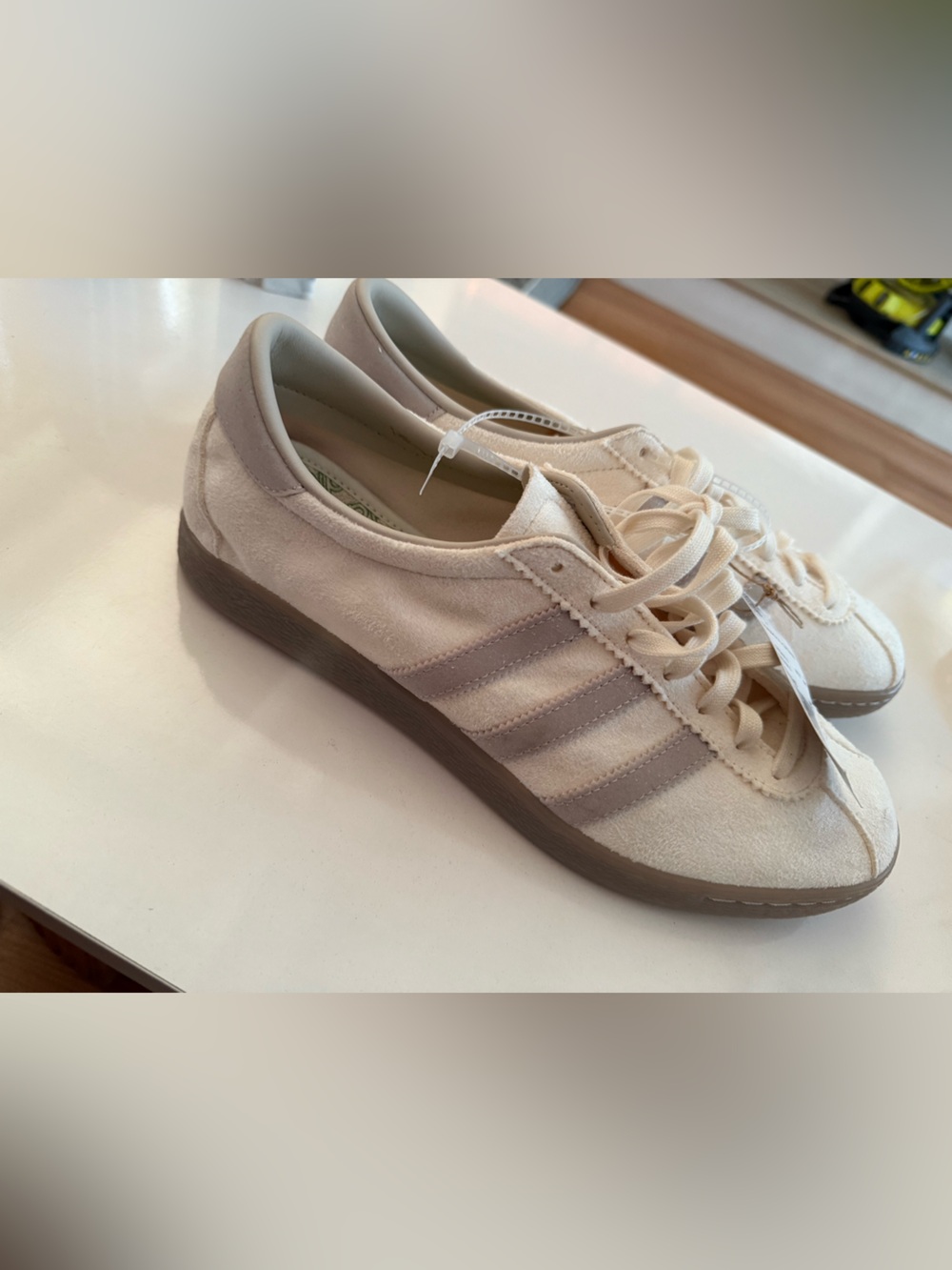 adidas men’s tobacco gruen  Cream Suede Sneakers with Light Taupe Stripes